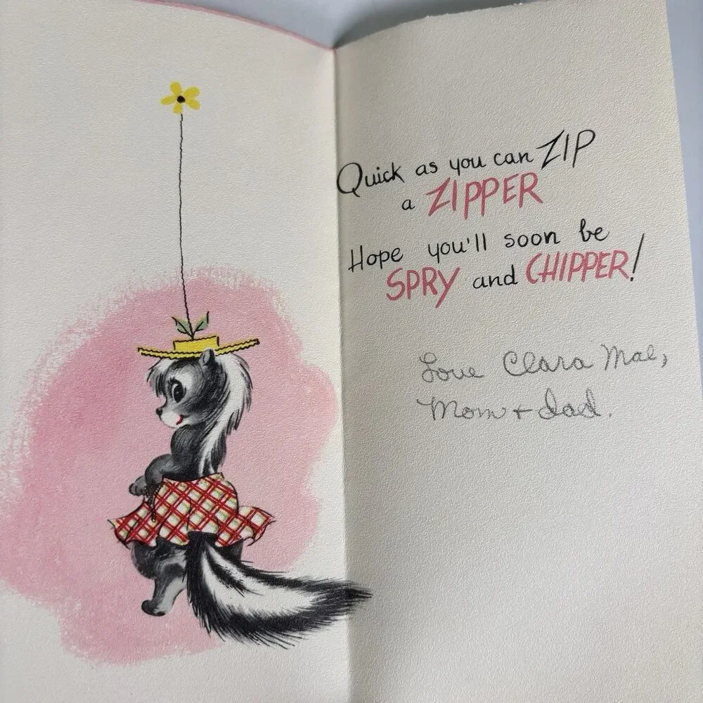 Vintage Anthropomorphic Skunk Get Well Greeting Card Sunshine MCM Art Cute